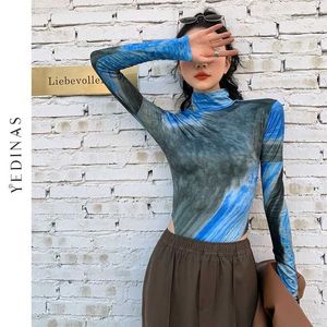 Yedinas Tie T-shirt T-shirt Femmes Manches longues Top Turtleneck Tshirt Tshirt Modycon Print Tee Designer Vêtements T-shirts Esthétiques Bleu 210527