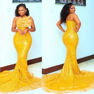 Robes de bal jaune aso ebi pour femmes noires sirène africain arabe élégant soirée robe formelle pour les occasions spéciales robes de fête d'anniversaire robe de fiançailles ST692