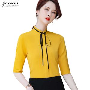 Camisa de gasa amarilla Mujer Moda de verano Elegante Pajarita Diseño Media manga Blusas Oficina Damas Trabajo formal Tops 210604