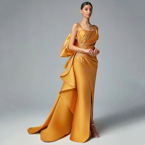 Diseño amarillo Superventas Sirena Barrido Tren de espagueti Vestidos de gasa Vestidos de fiesta de manga de noche formales Pliegues con cuentas 328 328