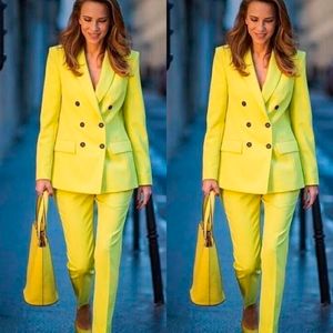 Blazer amarillo con doble botonadura para mujer, traje ajustado, chaqueta de fiesta nocturna de ocio, traje de boda, 2 piezas