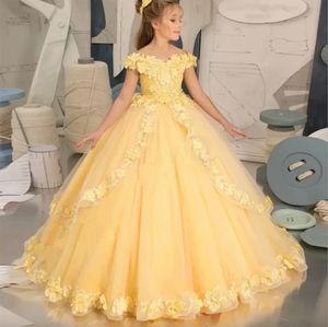 Jaune Flower Girl Lace Tulle Per perle Pageant appliquée pour filles First Communion Kids Prom Robes