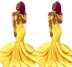 Sirène jaune filles noires robes de bal longues avec des manches col haut de l'épaule robes de soirée brodées florales robe d'occasion spéciale