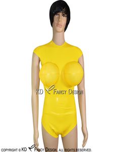 Costumes de maillot de bain en Latex Sexy jaune avec seins gonflables et manches à capuchon Body Suit Catsuit Body en caoutchouc 02128749446