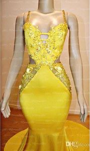 Amarelo cintas de espaguete cetim sereia vestidos de baile renda applique frisado longo formal vestidos de noite formatura vestidos de festa BC3999215B