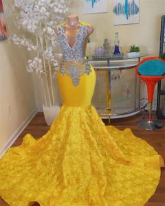 Veet jaune robes de bal filles noires perlées cristal volants sirène robe de fête d'anniversaire formelle Ocn robe 0227
