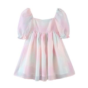 Yenkye Sweet Femmes Tie multicolore Dye Princess Party Robes Sexy Square Coug Puff Sleeve Organza Robe Summer Summer Vestido 220511