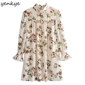 YENKYE Vintage Prairie Chic Robe imprimée florale femmes col haut à manches longues décontracté été Robe en mousseline de soie Robe courte Femme 210515