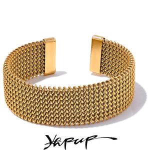 Yhpup 23 mm resistente al agua de acero inoxidable de metal pulsera abierta de par en par para las mujeres de alta calidad declaración textura joyería Bijoux 240219