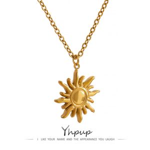 Yhpup acier inoxydable doré coulée soleil pendentif collier étanche Simple mode métal Texture bijoux à la mode pour femme