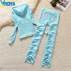 YICIYA juicy JC Rhinestone Sewing Velour Suit Velvet Tracksuit Women Sets Zipper Sweatshirt And Pants Winter Pants Suits Tops