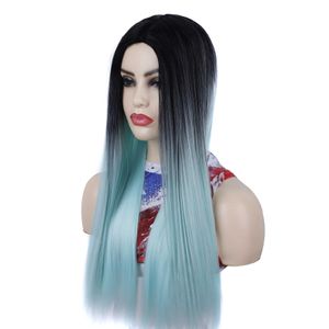 Cubierta de la cabeza de la peluca del pelo largo y liso azul cielo degradado negro cubierta de la cabeza de la peluca del pelo lacio partido medio cubierta de la cabeza del pelo liso