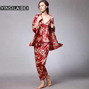 YINSILAIBEI Femmes Satin Vêtements De Nuit Femme Soie Pyjama Ensembles Dames Pyjamas Plus La Taille Dragon Imprimer Femmes Accueil Vêtements Homewear # 10 T200529