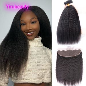 Yirubeauty Kinky Straight 3 Bundles avec dentelle frontale 13X4 partie libre Yaki brésilien 100% cheveux humains doubles trames avec fermetures couleur naturelle 4 PCS