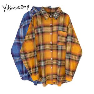 Blusa Yitimuceng para mujer, ropa de manga larga con cuello vuelto, camisa de talla grande, amarillo, azul, informal, para oficina, para mujer, a la moda, a cuadros, 210601