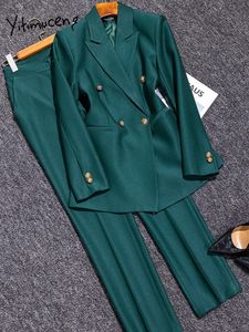 Yiticumeng Fashion Red Green Pant Suit Femmes Automne Hiver Double poitrine Formal Blazer Veste pantalon 2 pièces Set 240421