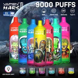 Navire de l'UE VAPEN MARS Tornado 9000 bouffées de cigarettes électroniques jetables Vape 18 ml bobine de maille 600 mAh batterie 0% 2% 5% cigarettes électroniques rechargeables sans fuite 9k bouffée de vapeur énorme