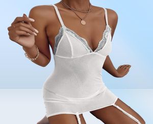 Yoga Outfit Porn Lingerie Sexy VCol Robe en dentelle avec G String Jarretière Femmes Transparent Sexe Sous-vêtements Babydoll Vêtements de nuit Érotique Co8856343