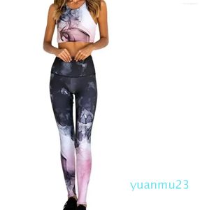 Tenues de yoga Femmes Creux Impression Gilet Leggings Ensemble Élastique Fitness Sport Débardeur Pantalon Dames Costume De Course Vêtements Féminins