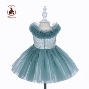 Yoliyolei Fluffy Collar Baby Girl Dress Flower Girl Vestidos de novia Party Ball Gown Apliques Ropa para niños con rebordear LJ201223