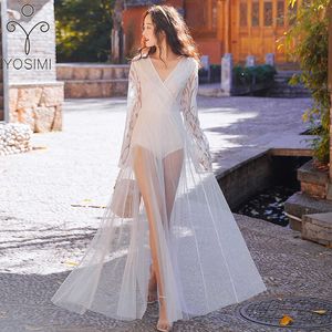 YOSIMI Ladies Party Dress Mesh Evening Night Sexy Maxi White Lace Floor-Length Long Sleeve Women es 210604