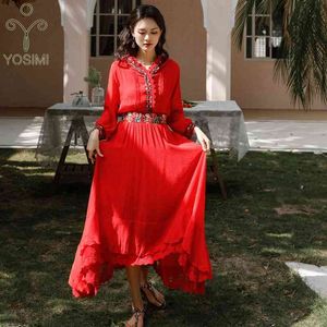 Yosimi Summer Maxi broderie longue robe femme mousseline de soie rouge courte avant et arrière manches dentelle robes de soirée dames 210604