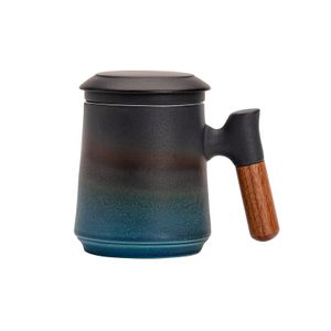 YUEXUAN Tasse à thé avec infuseur et couvercle, gobelet en porcelaine de 13,5 oz, tasse à thé en céramique bleue dégradée, tasse à thé avec poignée en bois de rose, pour cadeaux, 17 couleurs