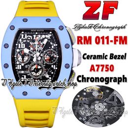 Z Dernière version zf202210011 Montre Homme A7750 Chronographe Automatique Boîtier Céramique Bleu Acier Cadran Squelette Bracelet Caoutchouc Jaune Super Edition Eternity Montres