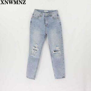 Za Vintage Mom Jeans High Waited Woman Ripped Boyfriend for Women Style Korean Disted Blue Denim Pants 210616