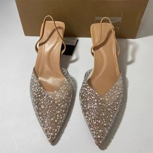 Za Fashion Fashion Pearl Slingback High Heels Elegant Transparent pointu Pumps Spring Female Prom Prom Stiletto Heal Shoes 240402