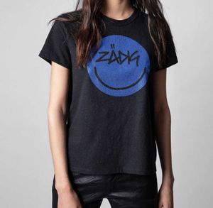 Zadig Voltaire 23ss Femmes Designer T-shirt Mode Nouvelle Lettre Impression Sourire Visage Chaud Diamant Noir Coton À Manches Courtes Plage Tees