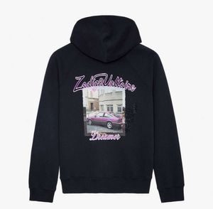 Zadig Voltaire Nouveau Sweat À Capuche Chaud Derrière Pourpre Voiture Encre Blanche Numérique Vintage Impression Polaire Casual Femmes Polyvalent Pull À Capuche Sweat Hauts