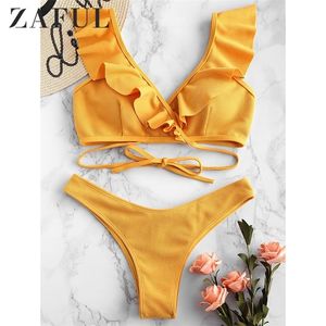 Acanalado Scrunch Butt Wrap Bikini Set Ruffle Hundiendo Wrap Traje de baño Push Up Cintura baja Mujeres Traje de baño Sexy Traje de baño T200508