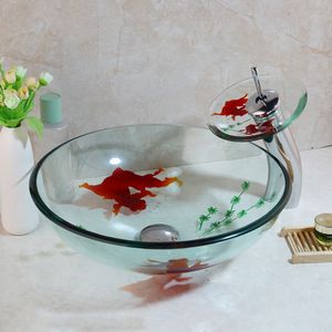 Zappo Bathroom Art Gold Fish Tempered Glass Fregadera Descuento Buque Buque Tazón con mezclador de grifo de cascada Fregaderos redondos