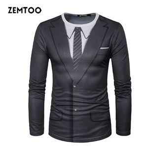 Zemtoo Hommes T-shirts Marque Tuxedo Tees Homme Rétro Cravate Slim Fit Camisetas Hommes À Manches Longues Casual Tuxedo Chemise 3D Imprimer Chemise T200224