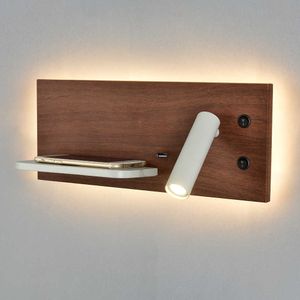 ZEROUNO Applique Murale Chambre Lampe LED Téléphone Chargeur Sans Fil Étagère Tête De Lit Chambre Lire Moderne Loft Chambre USB Luminaire Bois Lit 210724