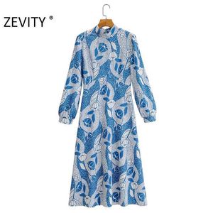 Zevity Women Euro Style Stand Collar Impresión Chic Una línea Vestido Mujer Manga larga Vestidos Casual Slim Brand Vestidos DS4313 210603