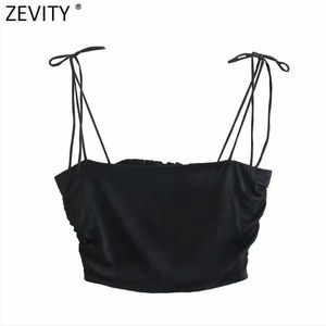 Zevity mujeres Spaghetti Strap negro blanco Color Chic Camis Tank señoras verano espalda elástico plisado corto Sling Crop Tops LS9070 210616