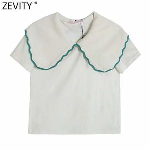 Zevity Women Sweet Peter Pan Collar Patchwork Knitting Casual Slim T-Shirt Femenino Chic Manga corta Tops de verano LS9208 210603