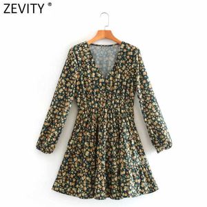 Zevity Femmes Sweet V Cou Country Style Floral Imprimer Une ligne Robe Femme Manches longues Plis Mini Robe Chic Tissu DS4696 210603