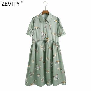 Zevity mujeres Vintage Animal Print plisado hasta la rodilla vestido femenino de manga corta Casual verano Vestidos Chic Retro ropa DS8375 210603