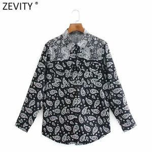 Zevity Mujeres Vintage Negro Blanco Patchwork Anacardos Imprimir Kimono Camisa Mujer Blusa Casual Roupas Chic Femininas Tops LS7588 210603