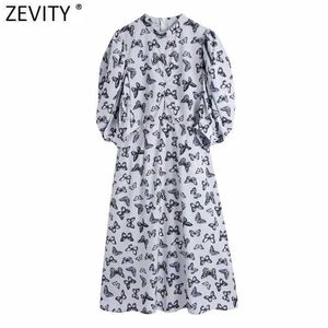 Zevity Women Vintage Casual Una línea Midi Dress Office Lady Chic Plie Flow Puff Manga Marca Party Vestidos DS8224 210603