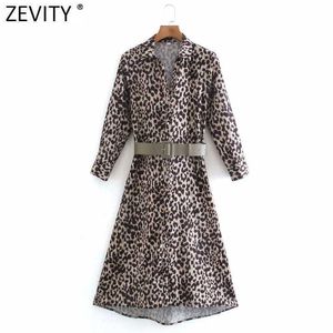 Zevity Mujeres Vintage Estampado de leopardo Sashes Midi Shirt Dress Office Lady Chic manga larga Casual Business Party Vestido DS4614 210603