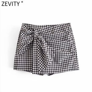 Zevity Mujeres Vintage Plaid Print Bow Tied Casual Slim Bermuda Shorts Femenino Chic Side Zipper Summer Pantalone Cortos P1087 210724