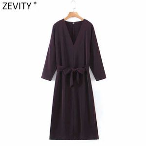 Zevity mujeres Vintage cuello en V Color sólido lazo atado fajas Split Midi Vestido de oficina señoras negocios Casual fiesta Vestido DS5042 210603