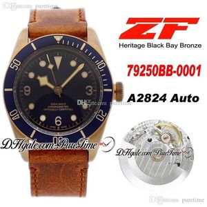 ZF Bronze A2824 montre automatique pour hommes 43mm cadran bleu bracelet en cuir marron vieilli édition Puretime PTTD C09201B