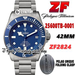 ZF zf25600 ETA 2824 A2824 Reloj automático para hombre Caja de titanio de 42 mm Bisel de cerámica azul Esfera azul Pulsera SS de metal de titanio Versión súper trustytime001Relojes