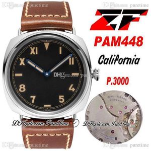 ZF ZF448 00448 California 3 Days P 3000 Reloj para hombre con cuerda manual Mecánico Caja de acero de 47 mm Esfera negra Correa de cuero marrón Super Ed268z