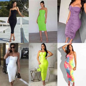 ZHYMIHRET 2021 Été Néon Vert Robe Tube Femmes Froncé Longue Robe De Bandage Sexy Sans Bretelles Moulante Cravate Teinture Robes De Fête X0521